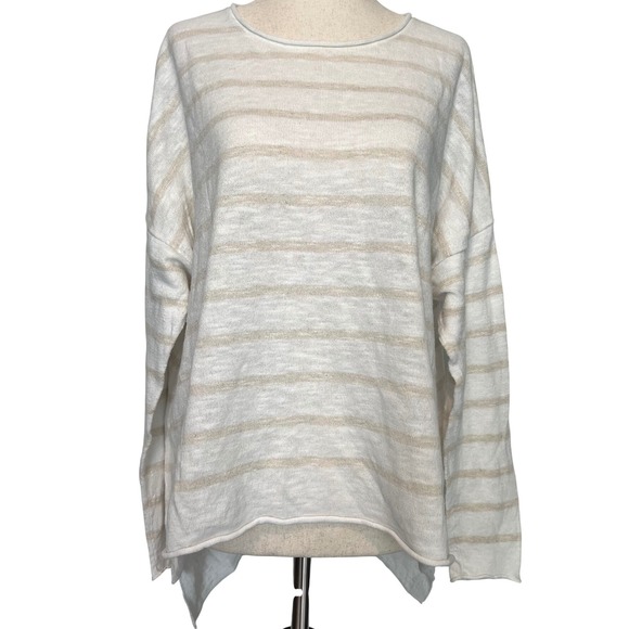 Eileen Fisher Sweaters - Eileen Fisher Women L Crewneck Sweater White Tan Organic Linen Cotton Coastal